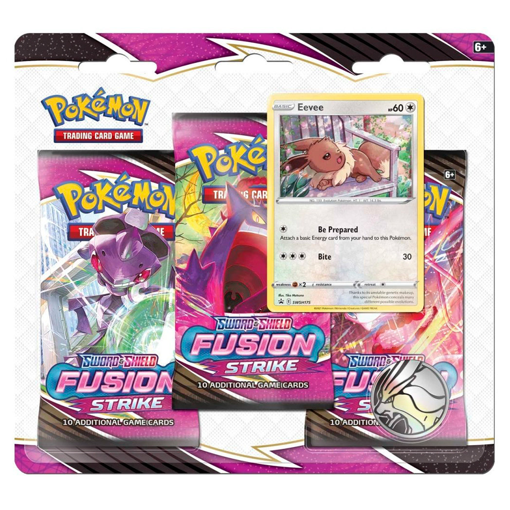 Pokémon TCG: Fusion Strike 3 Booster Packs Blister, Coin & Eevee Promo Card